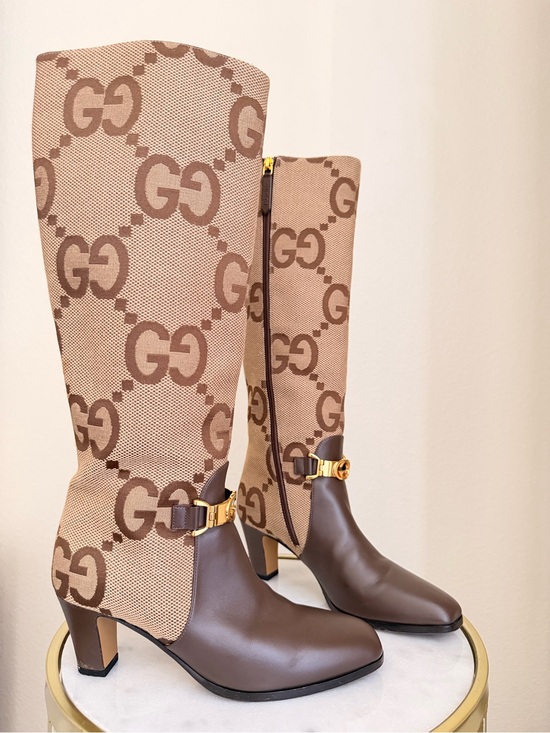 Gucci Shoes - GUCCI Monogram Jumbo GG Calfskin Interlocking G Anna Boots Camel Ebony Size 36